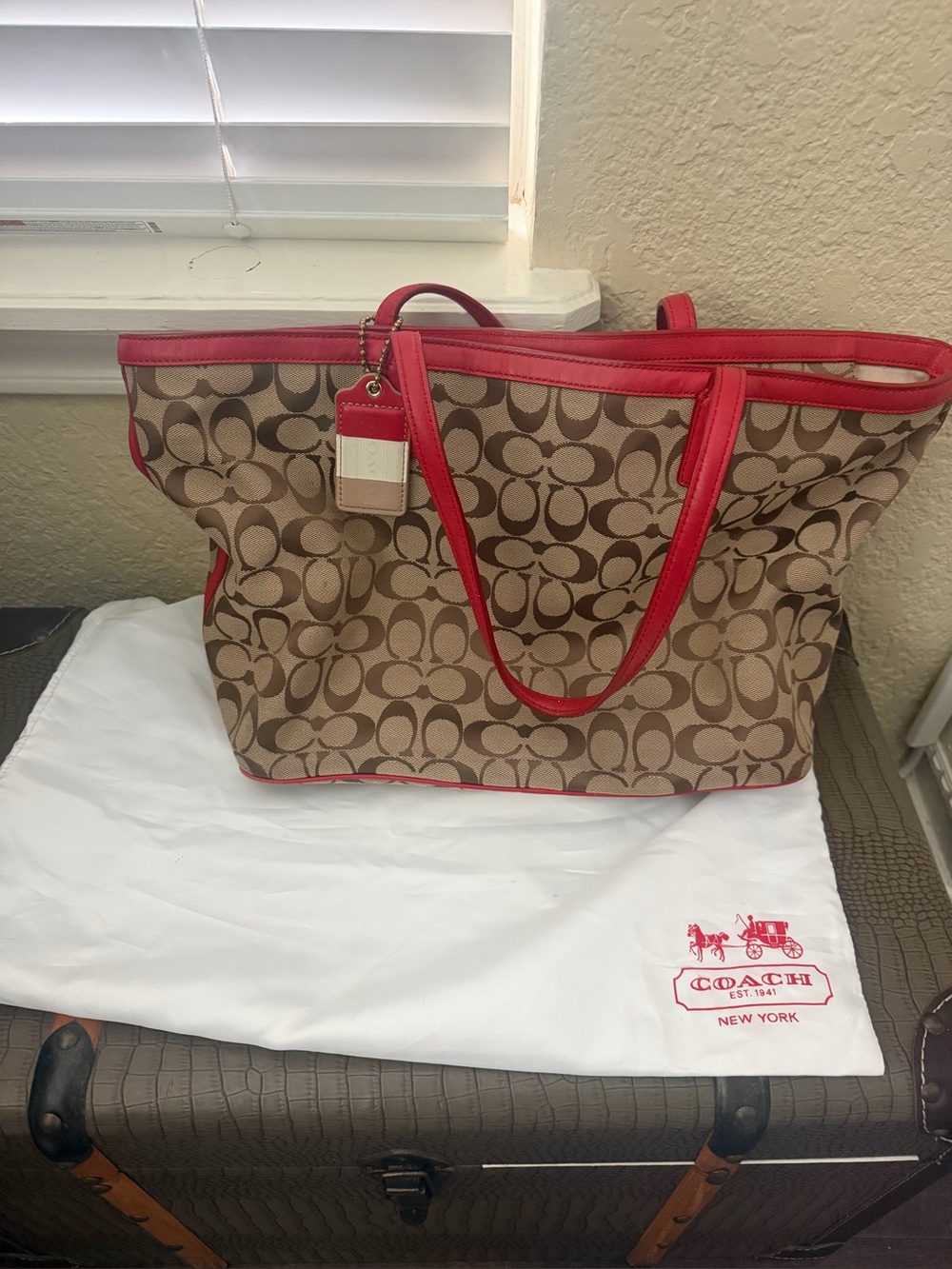Coach Brown Signature Canvas Tote with Red Trim